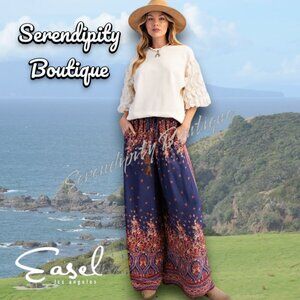 Easel Gypsy Vibes Wide Flare Leg Elastic Waist Flowy Bohemian Palazzo Pants